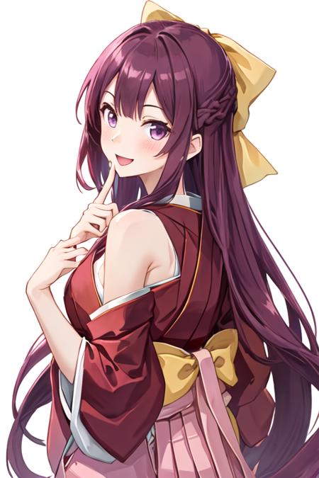 best quality, masterpiece, highres, solo, {kamikaze_kantaicollection:1.15}, long_hair, purple_hair, bow, hair_bow, purple_eyes, yellow_bow, hakama, pink_hakama, smile, tasuki, 1girl, :d, bare_shoulders, blush, dress, looking_at_viewer, open_mouth, simple_background, white_background, sleeveless, alternate_costume, alternate_hairstyle, bangs, finger_to_mouth, from_side, hand_up, short_hair, sleeveless_dress, twitter_username