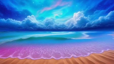 Psychedelic style Fantastic beach, pathway winding through the sand, chaotic clouds, psychedelic night sky full of stars, beautiful, magnificent color matching, cinematic, volumetric clouds, realistic painting, concept art, trending on art-station, ultra-HD, 8K . Vibrant colors, swirling patterns, abstract forms, surreal, trippy