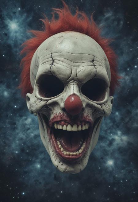 full-length photograph of ((A distant disembodied skull/ huge skull only the skull unsupported ((with typical circus-clown makeup), (the skull's face is painted like a circus clown), the neckless and bodiless skull has a red smile painted around the mouth and blue painted around the eyes), fuzzy hair, and terrifying piercing eyes)), its (long snakelike tongue) flails in the wind, the bodiless/ neckless/ disembodied clownskull painted like a circus clown, is seen far in the distance, flying through space floating in the cosmos
Macabre surrealist photograph, strong fisheye-lens photograph (intense fisheye-view photograph), strong bokeh, cinematic photograph, experimental angles, experimental lighting, intricately detailed, very detailed background, realisticvision-negative-embedding, epiCRealism