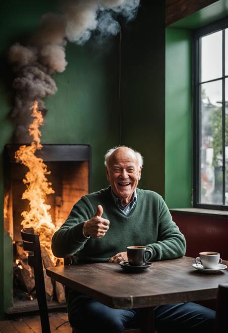 (Hide the Pain, Harold), RAW photo of realistic harold, sitting on a chair, thumbs up, smiling, inside a restaurant in fire, smoke on roof, cofee on table, green wall, mirror on wall, artstation, 4k, UHD, looking at viewer, Fujifilm XT3, ultra quality, fire, smoke explosion, panicked crowd of people in the background, A banner withe the text: All is perfectly fine