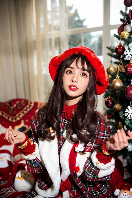 (masterpiece:1.2), best quality, masterpiece, highres, original,perfect light, 4k,8k,1girl, antlers, bell, blurry, box, brown eyes, brown hair, candy cane, christmas, christmas lights, christmas ornaments, christmas tree, coat, depth of field, fur-trimmed headwear, fur trim, gift, gift bag, gift box, hat, holding sack, holly, hood, lips, long hair, looking at viewer, merry christmas, parted lips, plaid, realistic, red lips, reindeer, reindeer antlers, sack, santa costume, santa hat, snow, snowflakes, snowing, solo, winter,<lora:christmas_real-000014:0.8>