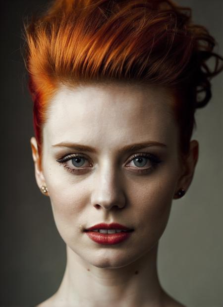 portrait of sks woman by Flora Borsi, style by Flora Borsi, bold, bright colours, orange Mohawk haircut, ((Flora Borsi)), <lora:locon_deborahannwoll_v1_from_v1_64_32:1>