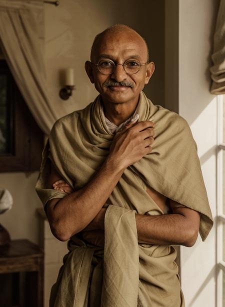 mahgahi1 solo, looking at viewer, smile, gloves, 1boy, upper body, male focus, glasses, indoors, facial hair, own hands together, robe, realistic, mustache, bald, old,