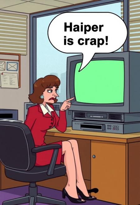 Scene from a 1985 live action TV sitcom set inside an office building.  An angry boss lady sits on a desk next to a large CRT tv, both facing the viewer. On the screen of the CRT we can see a digital vector render of poor quality. The lady is pointing to the TV with one hand and says in a text bubble "Haiper is crap!". the visual style is similar to that of the robocop movie.