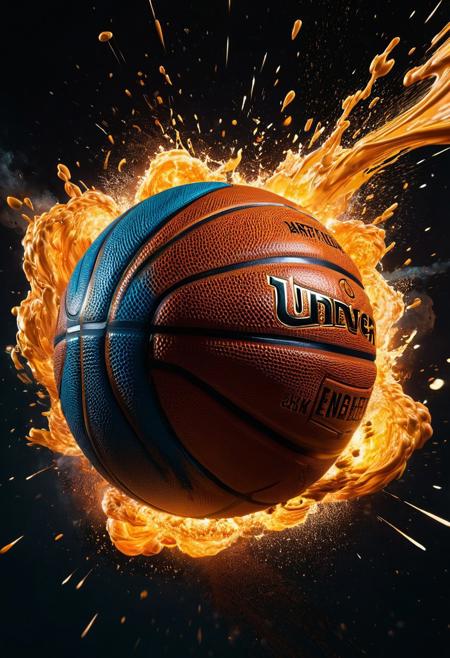A Basketball exploding in the basketball paint zone, detailed matte painting, deep color, fantastical, intricate detail, splash screen, complementary colors, fantasy concept art, 8k resolution trending on Artstation Unreal Engine 5