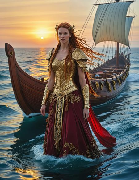 freyja, auburn hair, braided hair, magic, forest, viking queen, mythic beauty, <lora:NBN-Freyja_NordicByNature:0.8>, <lora:NordicByNature:0.8>,nbn-freyja Navigating the Seas, A determined Viking explorer steering a wooden longship through misty Baltic waters. She grips the ship’s helm, eyes fixed on the horizon. The ship is adorned with carved dragon heads, and the sea churns beneath her, reflecting the fiery hues of the setting sun.,low light, soft natural light, Rembrandt style light, Hasselblad DLSR camera, 200mm Zeiss lens, f/2.8, clear focus, high resolution image, ,Sexy pose, erotic pose, exhibitionism, ,Cliffside mansion