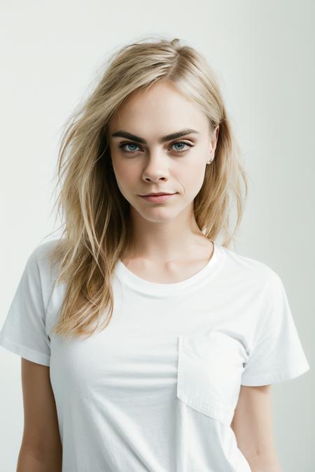 professional portrait photo of a woman,(caradelev1ngne_ti-4600:0.98) in her 30s,(wearing a white tshirt:1.2),platinum blonde messy hair, subtle smile,black eyeshadow and eyeliner, realistic photograph, detailed face, shot on arri alexa 65,natural lighting,