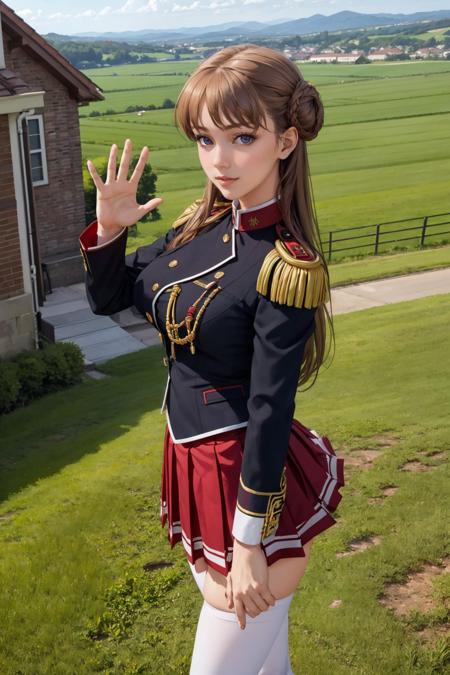 masterpiece, best quality, <lora:nmascot-nvwls-v1-000008:0.8> nmascot, epaulettes, uniform, pleated skirt, thighhighs, large breasts, standing, from above, looking at viewer, loafers, outdoors, field, building, waving