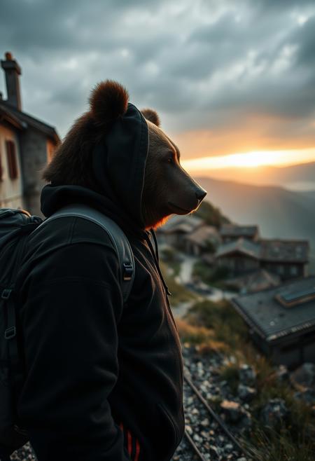 Closeup of an anthro grizzly bear urban explorer wearing a black hoodie walking through an abandoned italian village on a mountainside during early morning. The bear is carrying a backpack with a sleeping bag. The sun is rising and the slightly overcast sky has a tinge of yellow towards the horizon. Highly detailed high contrast photograph with high dynamic range and vibrant shadows and light.