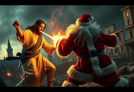 An epic movie style still of Jesus Christ and Santa Clause engaged in an epic duel to the death. The battle has waged on for hours, both fighter exhausted begin their final assault. Blood and carnage everywhere, the city lies in ruin