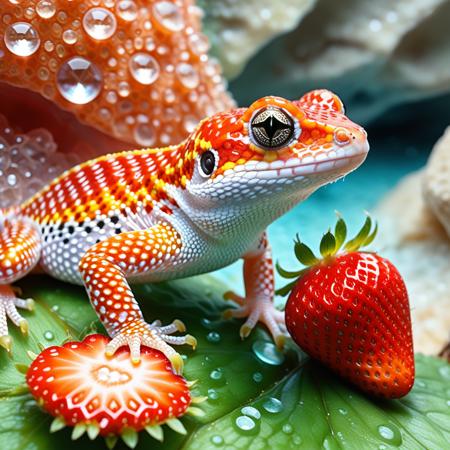 high quality, ultra detailed, sharp focus, vibrant colors, intricate details, watercolor, wet-on-wet, soft edges, pastel tones, granulation, strawberry gecko, strawberry skin on foreground, crystal cave on background, oversized buttons, <lora:Strawberrify>