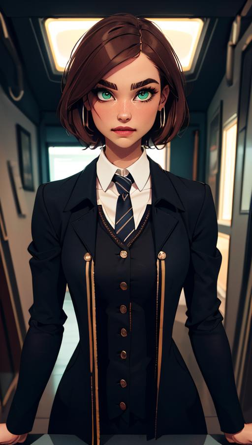 A Cartoon Woman in a Suit and Tie, with Neon Green Eyes.