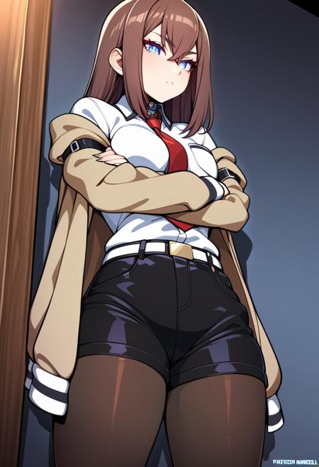 makise kurisu jacket, off shoulder, collared shirt, red necktie, black shorts, pantyhose, legwear under shorts