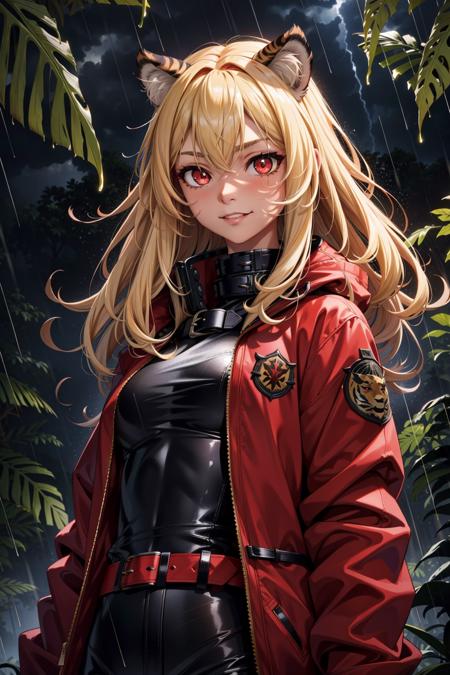 girl in jungle, epic, intricate, smirk, from above, muscular, standing, (thunder rain storm, aura:1.1), blonde hair, tiger ears, messy hair, slit pupils, red eyes, black jacket, high collar