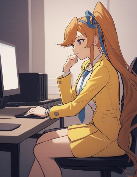 <lora:athena-xl-000007:1> aacykes, hair ribbon, 
necktie, yellow jacket, yellow skirt,
1girl, thinking, sitting, computer,
masterpiece, best quality