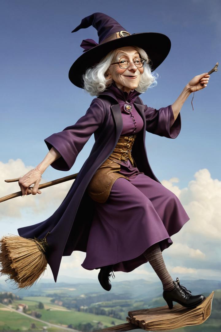 Granny Weatherwax, riding her broomstick, flying over the Discworld. absurd caricature, sexy,