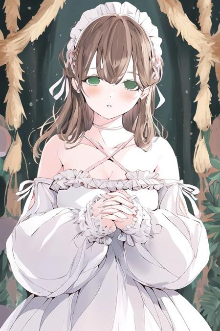 1girl, brown hair, collarbone, green eyes, hair between eyes ,
bare shoulders, choker, criss-cross halter, dress, frilled choker, frilled sleeves, frills, halterneck, headdress, long sleeves, sleeves past wrists, white dress ,
blush, holding, holding ribbon, looking at viewer, parted lips ,
solo ,
<lora:nocopyrightgirl-v1.0:0.9>