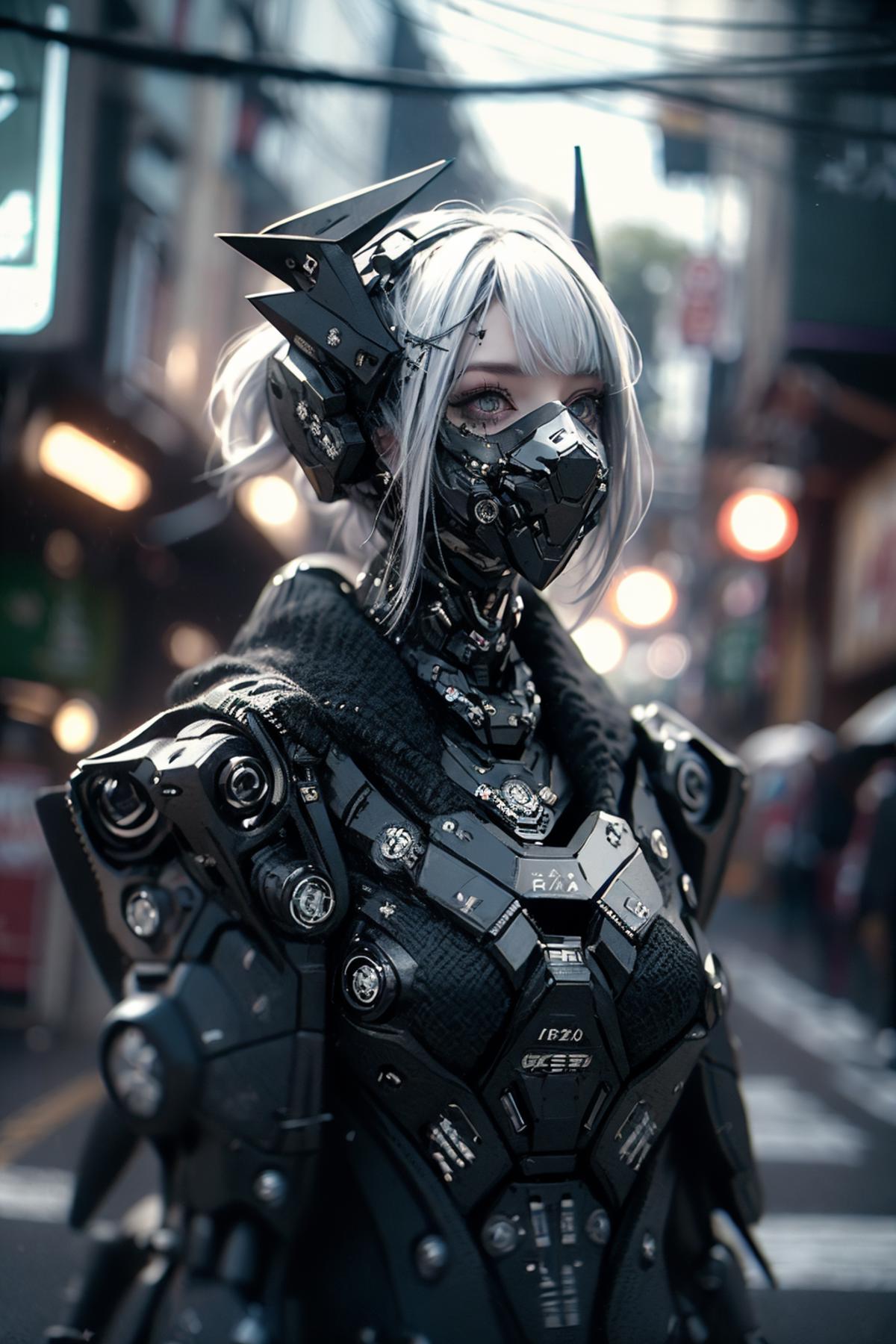 A Cyborg Woman with a Face Mask Walking on a City Street.
