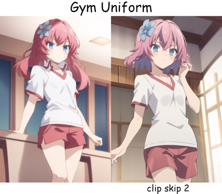 WinterBlazer, [red necktie], [red skirt], [breast pocket], [black blazer] SummerShortSleeve, [red necktie], [red skirt], [[school uniform]], [tucked In], [tucked In shirt], [black stripes], [white shirt] [gym uniform], [[red trims]], [red gym shorts], [white shirt], [v-neck]