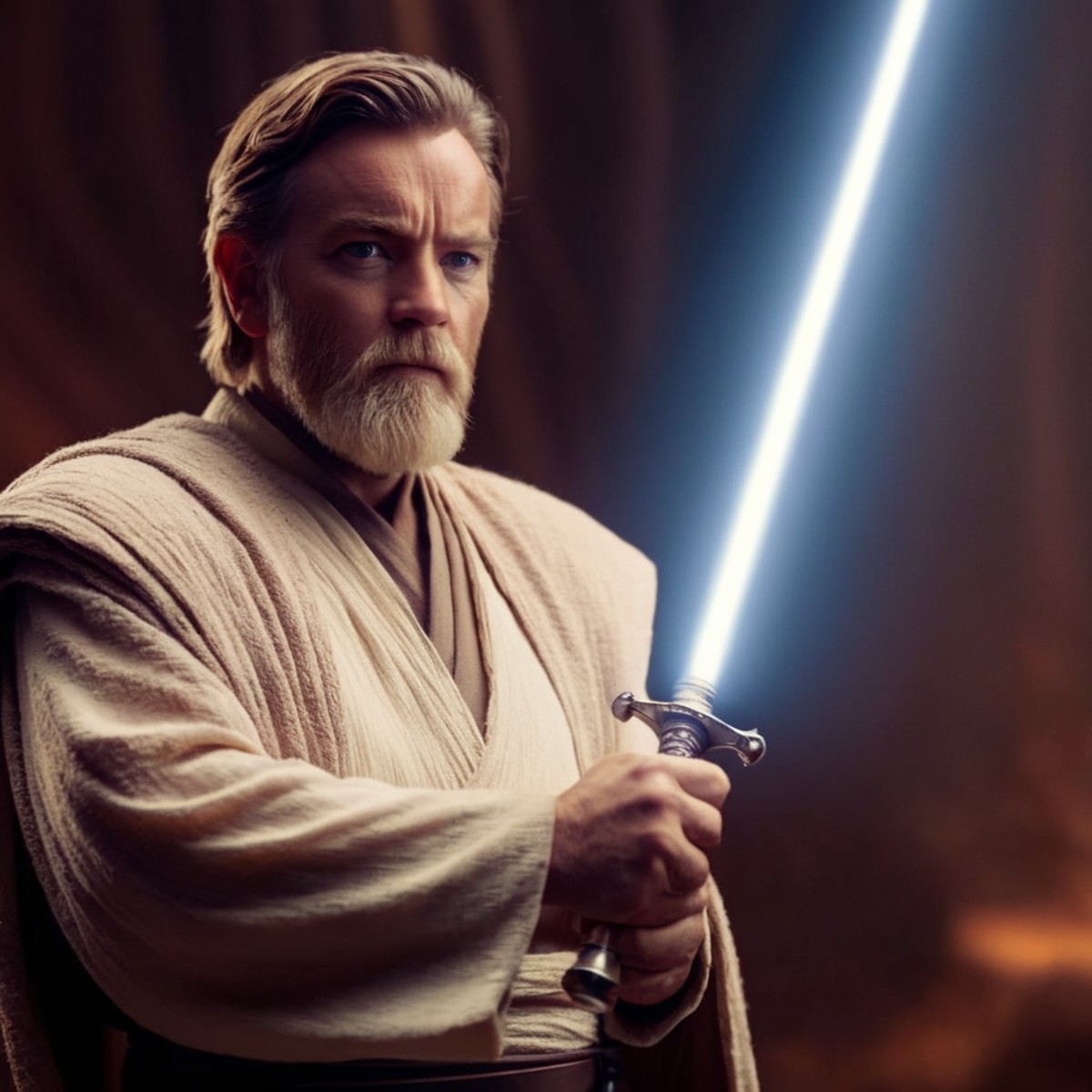 cinematic film still of  <lora:Obi-Wan Kenobi:1.2>
Obi-Wan Kenobi an old grey beard man with a sword in his hand in star w...