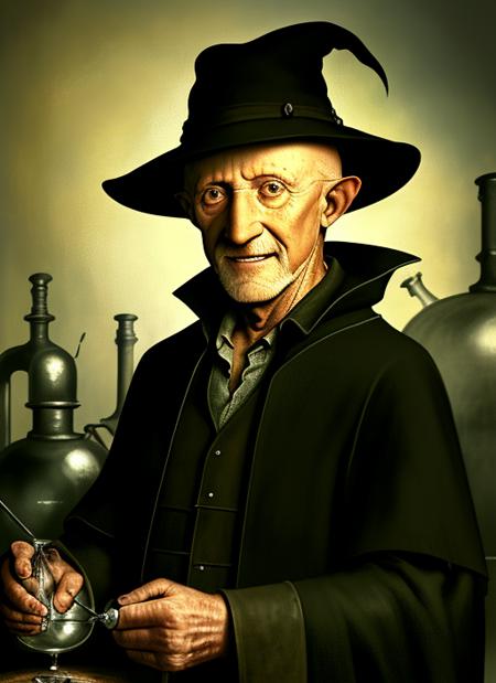 <lora:mikeet:1> (fantasy:1.3), airbrush painting, (alchemist mixing potions:1.3), pointy wizard hat, magic, potions, (Mike Ehrmantraut as alchemist:1.3), (wizard robes:1.2), Breaking Bad, (highly detailed:1.3), (intense color:1.1), (smile:1.3), (beatifulL1.3), (seductive:1.3) 3d, (seductive:1.3), vray, unreal engine, (8k:1.3), intricate background, uhd, realism, sharp focus, HDR, high definition, high resolution, by Albert Lynch and norman rockwell and (Alaya Lemmer:1.3)