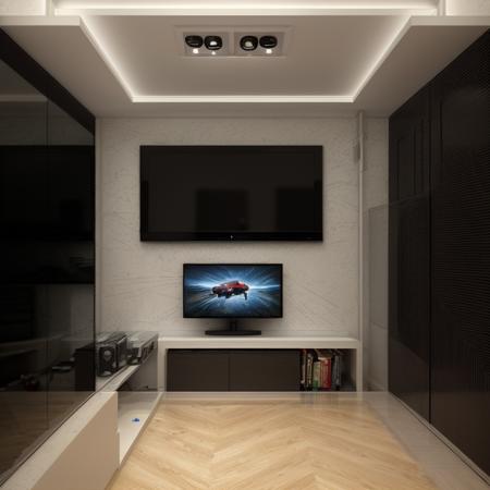 gaming room, dim lighting, indirect lighting at the drop ceiling, a spotlight with rail at the center of ceiling, white painted ceiling, (a gaming pc in the center with a large wall hung TV at the top:1.1), toy shelf at the right side made of glass, comic book shelf at the left side of the room, wood parquet flooring , sofa bed at the left <lyco:brutalism style interior design:0.9>, hyper realistic 3d rendering, ray tracing