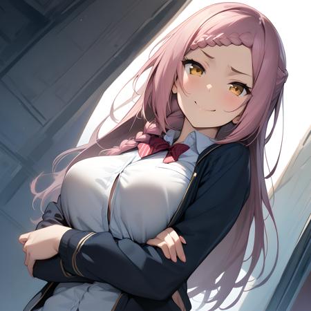 yoshida_kochou braid, long hair, large breasts, pink hair, smile, jacket, school uniform, shirt, white shirt, yellow eyes