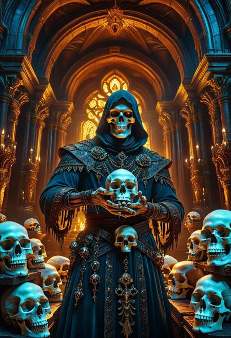 aidmamj6.1, necromancer grabbing a handful of skulls, fantasy building interior, detailed background, Detailed face, detailed eyes, perfect eyes, absurdres, high quality, masterpiece, very aesthetic, 8K resolution, ultra-detailed cinematic composition, contemporary concept art style, volumetric magical atmosphere with ethereal glow, rich complementary color palette, vivid gradients and chiaroscuro contrast, dynamic perspective with layered depth of field, inspiring awe-inspiring mood, Unreal Engine 5 render quality, intricate textures, flawless anatomy, rule of thirds composition, luminous highlights, surreal ambiance, award-winning illustration, harmonious balance of light and shadow, photorealistic details, ArtStation trending, chromatic accents, nostalgic futurism, dreamlike serenity, bold creativity, professional finish, sharp focus, ambient background, fascinating dynamic motion,, Baroque art style, dynamic composition, dramatic lighting, rich colors, intricate details, professional-grade execution, captures the grandeur and theatricality of the Baroque period