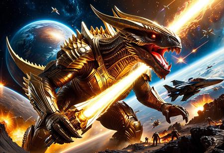 Golden Kaiju, hyper-realistic colossal alien creature with intricate gold-plated armor, biomechanical textures, unleashing a radiant golden energy beam from its mouth, surrounded by realistic sci-fi fighter spaceships in a high-stakes aerial space battle, cinematic explosion of a giant planet in the background, fiery debris, glowing atmosphere, realistic physics-based lighting, volumetric light and shadows, epic scale confrontation in deep space, hyper-detailed composition, concept art quality, photorealism, physically accurate textures, dynamic lighting, immersive realism, digital painting, movie-grade visuals, extremely high detail, 3D depth and perspective, (masterpiece:2), best quality, ultra highres, original, extremely detailed, perfect lighting
