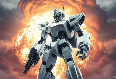 Observe an impressive depiction of aMachineKing Robot against a mystical eruption. This state-of-the-art machine boasts pristine whites contrasted elegantly with sharp blacks and grays, exuding sophistication through every line and curve. Its dominant posture conveys readiness as two guns attach securely onto each robotic limb - poised yet restrained power at hand. Enlarged cameras serve dual purposes; scanning surroundings whilst maintaining unwaveringly focused attention towards what lies ahead. An expansively powerful energy burst ignites behind our metalloid hero creating depth within this masterfully crafted piece where precision meets artistry effortlessly blending together into high quality visual harmony full of vibrant colors & striking details worthy enough even for prestigious platforms like ArtsStationTrendings