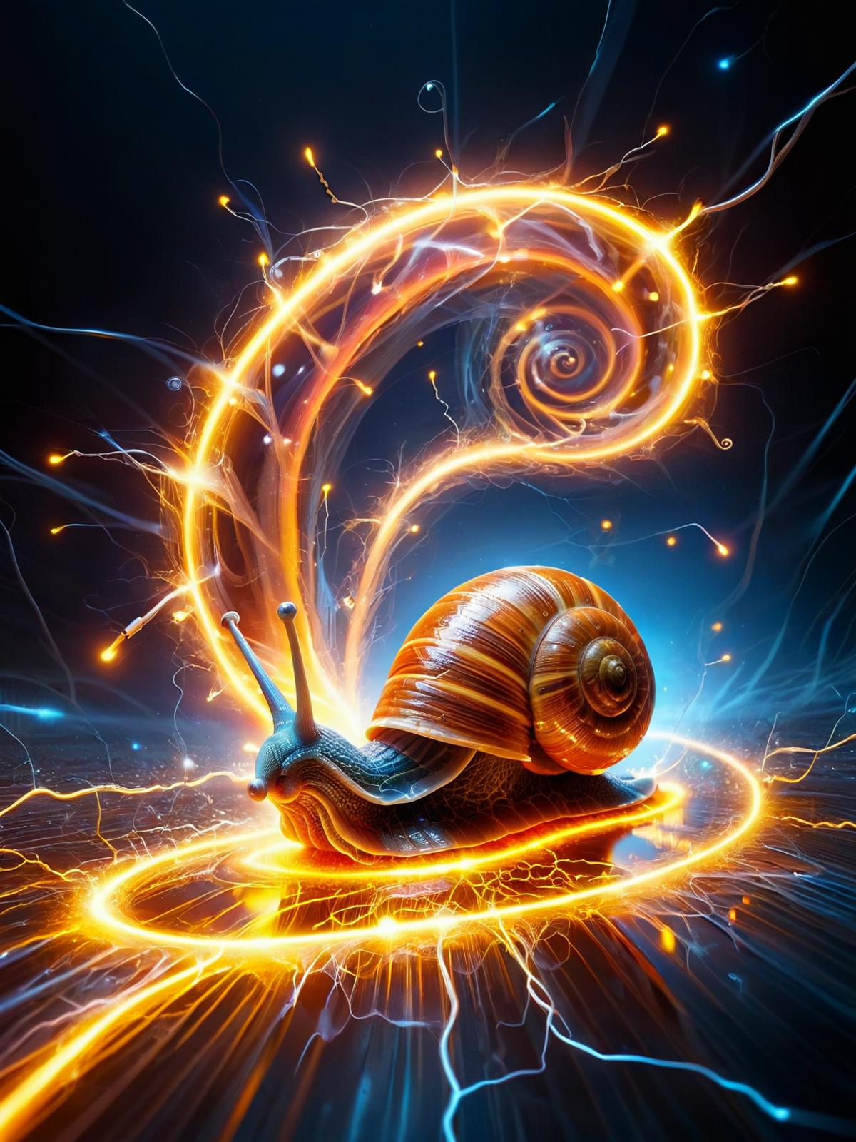 A colorful and artistic image of a snail on a spiral, surrounded by neon lights and swirls.