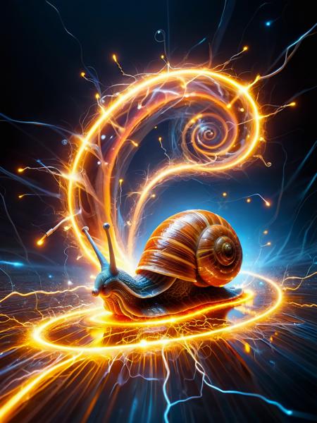 A snail leaving a glowing trail of ral-elctryzt instead of slime, its shell crackling with miniature ral-elctryzt bolts. <lora:ral-elctryzt-sdxl:1>,<lora:EnvyBetterHiresFixXL01:0:hr=1>