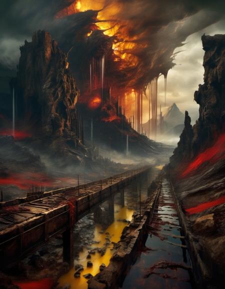 EdobHorrorLandscape, dark, eldritch abomination, multiple others, rock, branch, sharp teeth, ruins, cloudy sky, bridge, scenery, bone, bone, yellow eyes, reflection, mountain, red sky, upper body, from behind, rain, multiple others, steampunk, blood, <lora:EdobHorrorLandscape_XL_v1.0:0.8>