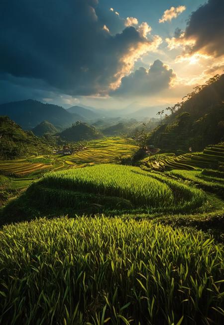 Landscape, 64k, UHD, ((masterpiece, ultimate quality)), sharp focus, beautiful scenery, highres, highly detailed, photo, realistic, photorealistic, Asian rice plantation, double exposure, realistic, whimsical, fantastic, intricate detailed, hyperdetailed, maximalist style, sharp focus, harmony, serenity, tranquility, surrounding clouds, mysterious glow, ambient occlusion, halation, cozy ambient lighting, dynamic lighting,masterpiece, masterpiece, award winning, midjourneyv6.1,double exposure , flux-style