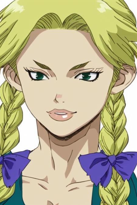 Nikki,blonde hair, twin braids, Purple Bow,green dress,