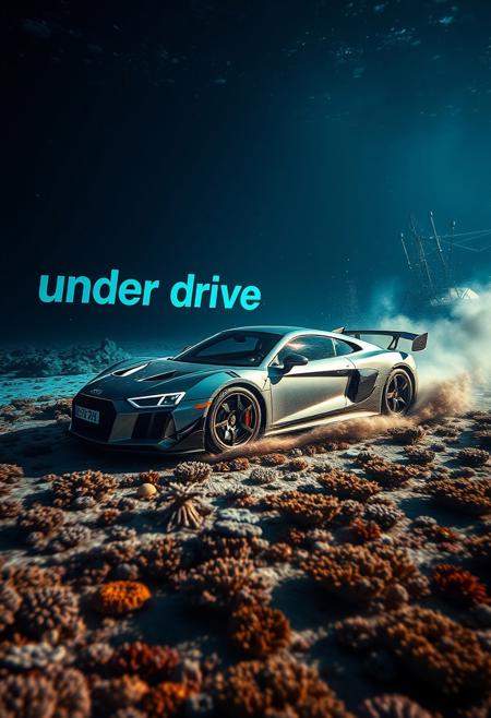a sunken sport car is fast driving on the ocean floor, lot of small air bubbles are coming from the car, dust from the ocean floor is coming from the wheels, there are many corals under the water, beautiful lighting, big text on car body "under drive", sport car on ocean floor, the car drives through a huge sunken ship