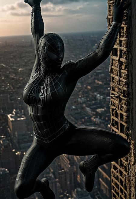 score_9, score_8_up, score_7_up, best quality, realistic, masterpiece, beautiful detail, hyperrealistic, afternoon sky, ((1girl, woman body, big breasts)), amazing detailed full body portrait of a beautiful girl, wearing a realistic and highly detailed black raimi spider-man suit , wears ultra detailed black spiderman mask, ((huge muscular girl)), (swinging on a web), suit covered entire body and hand, black spiderman gloves, (full body), (dirty skin), close up, octane render, highly detailed, volumetric, dramatic lighting, (highest quality:1.1), (HDR:1.3), (top quality, best quality), realistic, high definition,