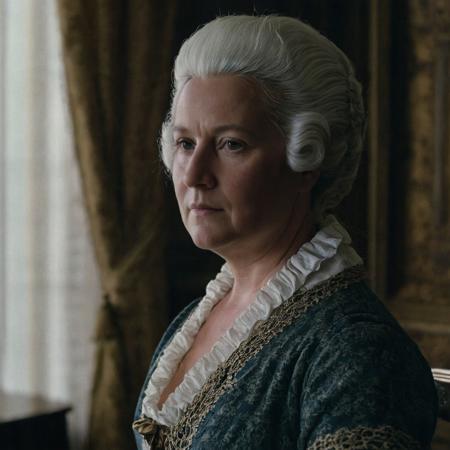 front shot, portrait photo of (( Martha Washington)) , looks away, natural skin, skin moles, cozy interior, 17th century attire, (cinematic, film grain:1.1)