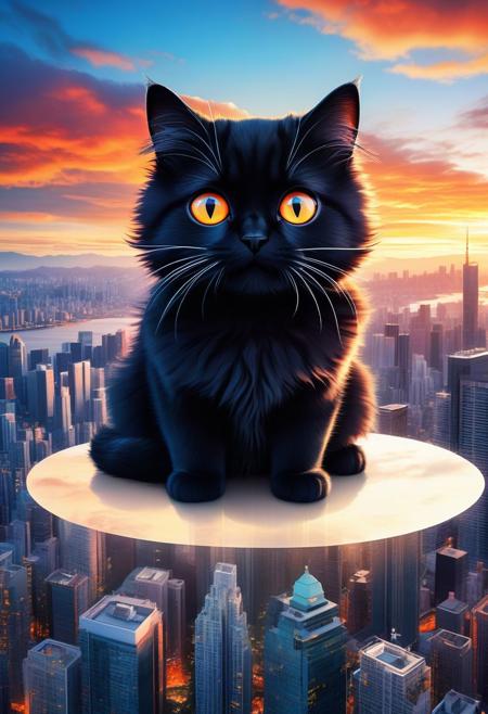 A captivating illustration masterpiece of a ((cute cat)) with (((huge))) ((oversized)) ((manga-style eyes)), feline is gazing very longingly into the camera lens. The cat's fluffy fur contrasts with its sleek black attire, and it sits on a transparent cloud, as if levitating above the ground. The background showcases a vibrant cityscape with towering skyscrapers and a dramatic sunset, creating a delightful mix of urban and whimsical elements, from above