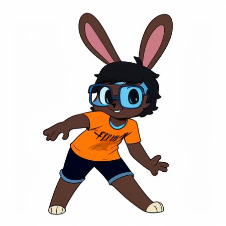 <lora:Lemmy:1>, bunny, glasses, cute, brown fur, cartoon, 4k, hd, pose, orange shirt, blue glasses, black hair, viedeogames, playing, sfw,