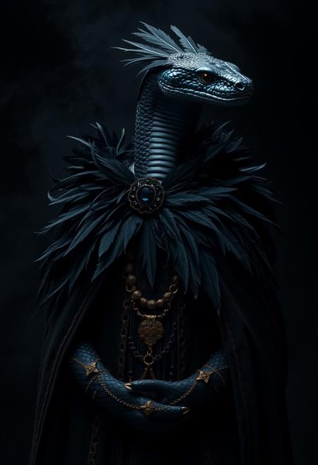 human black snake wearing a grunge and dirt cape, Dark Style, black feathers ornamentation, black jewelry, gothic Style, long cape, wind, dark background, mist, photography studio style, hyper realistic, ultra detailed