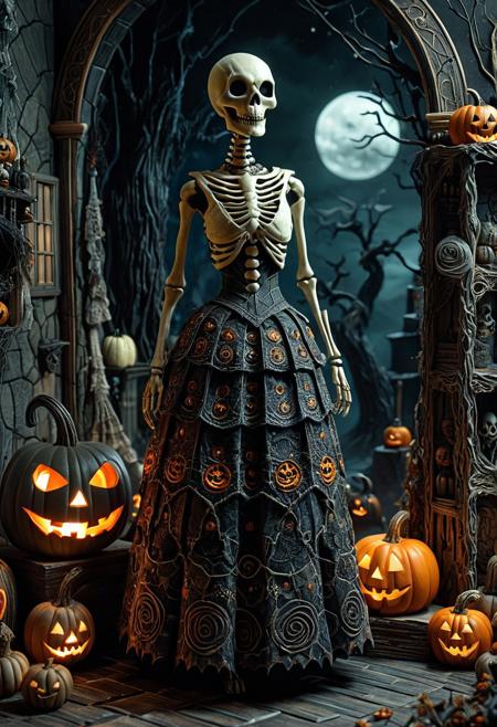 3D sculptural art, dark fantasy, intricate details, stylized characters, patchwork dress, stitched skin, eerie lighting, whimsical horror, Halloween setting, jack-o'-lanterns, skeletal figures, textured surfaces, muted tones, atmospheric interior, organic forms, surreal creatures, sculpted realism, spooky ambience, storytelling composition, imaginative character design, otherworldly mood