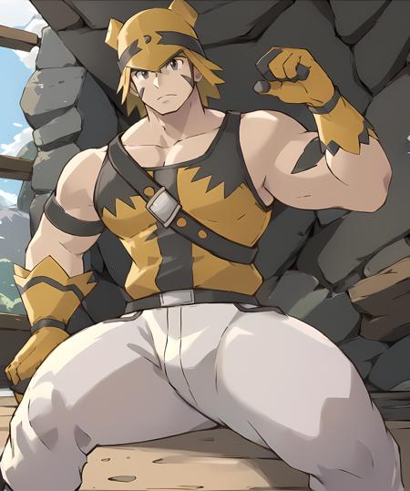 best quality, masterpiece, voldon, standing, dojo, gym, muscular, 1man, hat, tanktop, sitting <lora:Voldon-13:0.8> sugimori ken \(style\)<lora:pokemon_v3_offset:1>