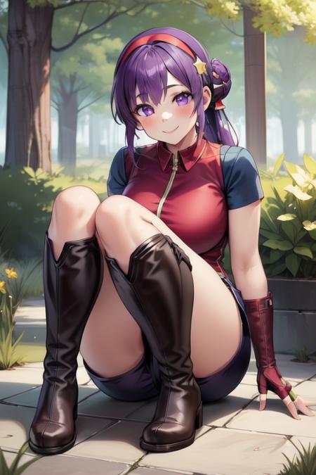 <lora:Asamiya_Athena_KOF2000:0.8> Athena, 1girl, solo, gloves, fingerless gloves, long hair, breasts, looking at viewer, shorts, boots, blush, sitting, smile, star (symbol),  full body, hair ornament, ass, large breasts, short sleeves, forest,
masterpiece, high quality, very_high_resolution, large_filesize, full color,