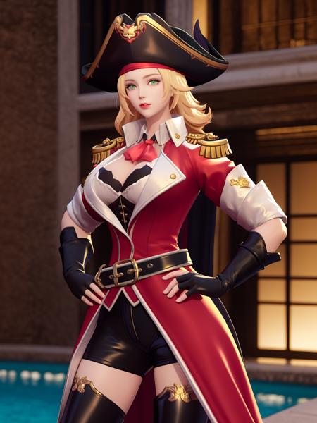 WZRYyujiJLBXJ, 1girl, solo, blonde hair, fingerless gloves, black gloves, green eyes, pirate hat, belt, epaulettes, breasts, looking at viewer, black shorts, ascot, thigh boots, long hair, hat feather, parted lips,coat, medium breasts, <lora:WZRYyujiJLBXJ:0.75>, night, mature female, cityscape, pool, hand on hip,