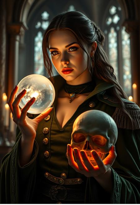 quality, intricate details, Mystical light, female, feminine mage severed head, evil and mystical, military green coated Epaulettes gold buttons. a crystal ball in one hand and their own head in another's hand, gems, dark evil gaze that hints at their ancient knowledge and mystical prowess. Inside a Gothic cathedral Soft candle lighting, High Definition HD, High Detail, Perfect Composition, gothic horror (theme), holding head