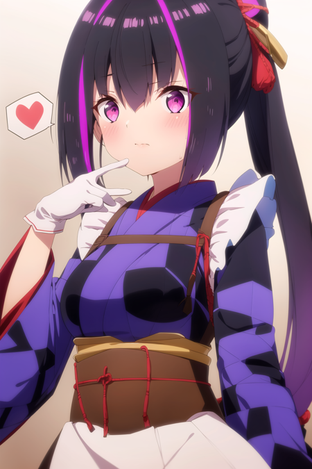 1girl, blush, kimono, headpat, purple eyes, closed mouth, japanese clothes, bangs, purple hair, multicolored hair, white gloves, spoken blush, hair between eyes, gloves, long hair, long sleeves, heart, white background, upper body, hand up, breasts, looking at viewer, ponytail, apron, solo focus, black hair, purple kimono, blue kimono, medium breasts, out of frame, streaked hair, two-tone hair, flying sweatdrops, very long hair, frilled apron, frills, pink background, bow, hair bow, 1other, white apron, wa maid, wide sleeves, simple background, solo, pov, gradient, gradient background, hair intakes, frilled kimono