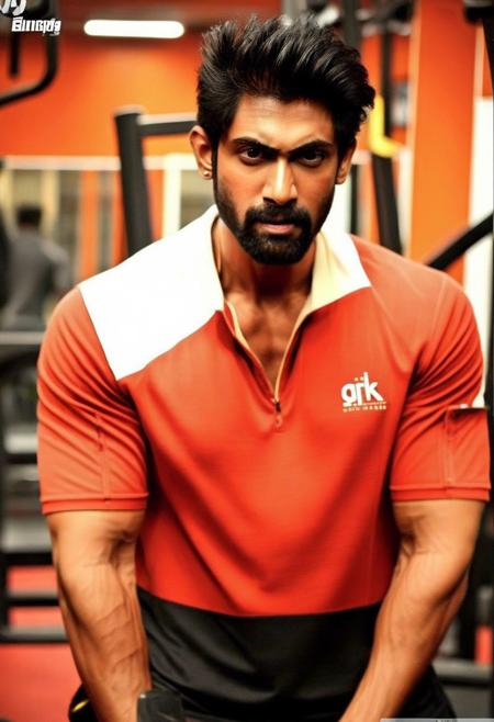 4k, Sendhil Ramamurthy a man <lora:rana-daggubati_Sendhil-Ramamurthy:1> in the gym, sweaty, muscular, abs, pecs, slight smile, back to camera, flexing, guys in the background admiring him.