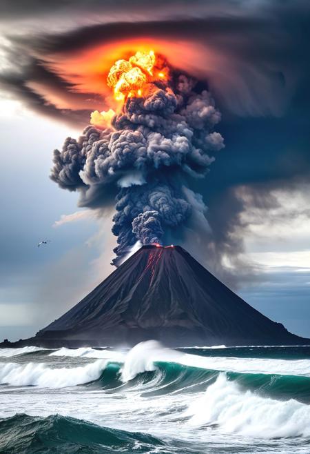 A dramatic scene of a volcanic eruption in the tumultuous heart of the ocean. A colossal plume of ash shoots skyward, but instead of simply swirling, it condenses and writhes, forming a monstrous smoke dragon. The dragon's form is immense, its body a swirling vortex of black and grey smoke, punctuated by flashes of lightning that crackle within. Glowing red lava spews from the volcano's crater, illuminating the dragon's underbelly with an infernal glow. A terrifying tornado of wind whips across the ocean surface, churning the water into a frothy frenzy and sending towering waves crashing against a lone ship caught in the chaos. The ship, its sails billowing and masts straining, battles the fierce winds and ashfall. In the distance, a menacing black cloud hangs heavy, casting an ominous shadow over the entire scene. A panicked flock of seabirds flees the eruption, their silhouettes stark against the fiery backdrop. The smoke dragon roars, a sound like thunder rolling across the waves, as it unleashes a plume of ash and smoke that engulfs the fleeing ship.