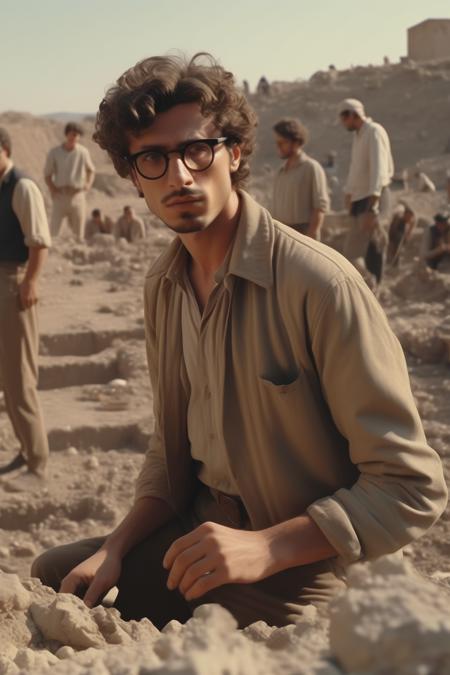 <lora:Director Coen Brothers style:1>Director Coen Brothers style - a wide cinematic still of a Turkish man in his mid 20's with short brown wavy hair and vintage circle frame glasses working at an archeology excavation site shot in the style of directors  and set in exterior day 's Ark excavation work site, set pieces of ancient debris of 's Ark, 8k cinematic film still, sharp, avoid warping and blur, anatomically correct faces and hands,